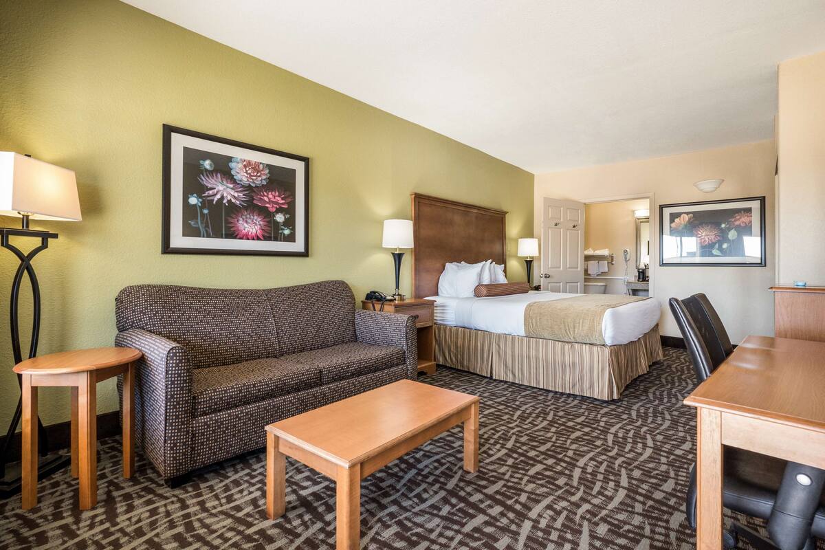 Een hotelkamer met een bed, een bank, een tafel en twee lampen.