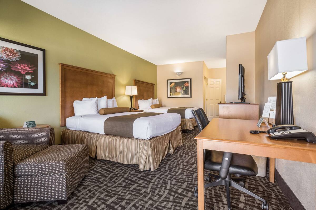 Een hotelkamer met twee bedden, een bureau, een stoel en een televisie.