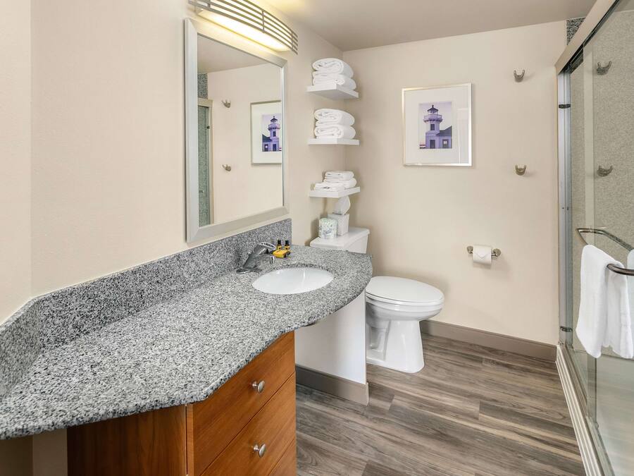 A modern bathroom with a granite countertop sink, a toilet, and a glass shower enclosure.