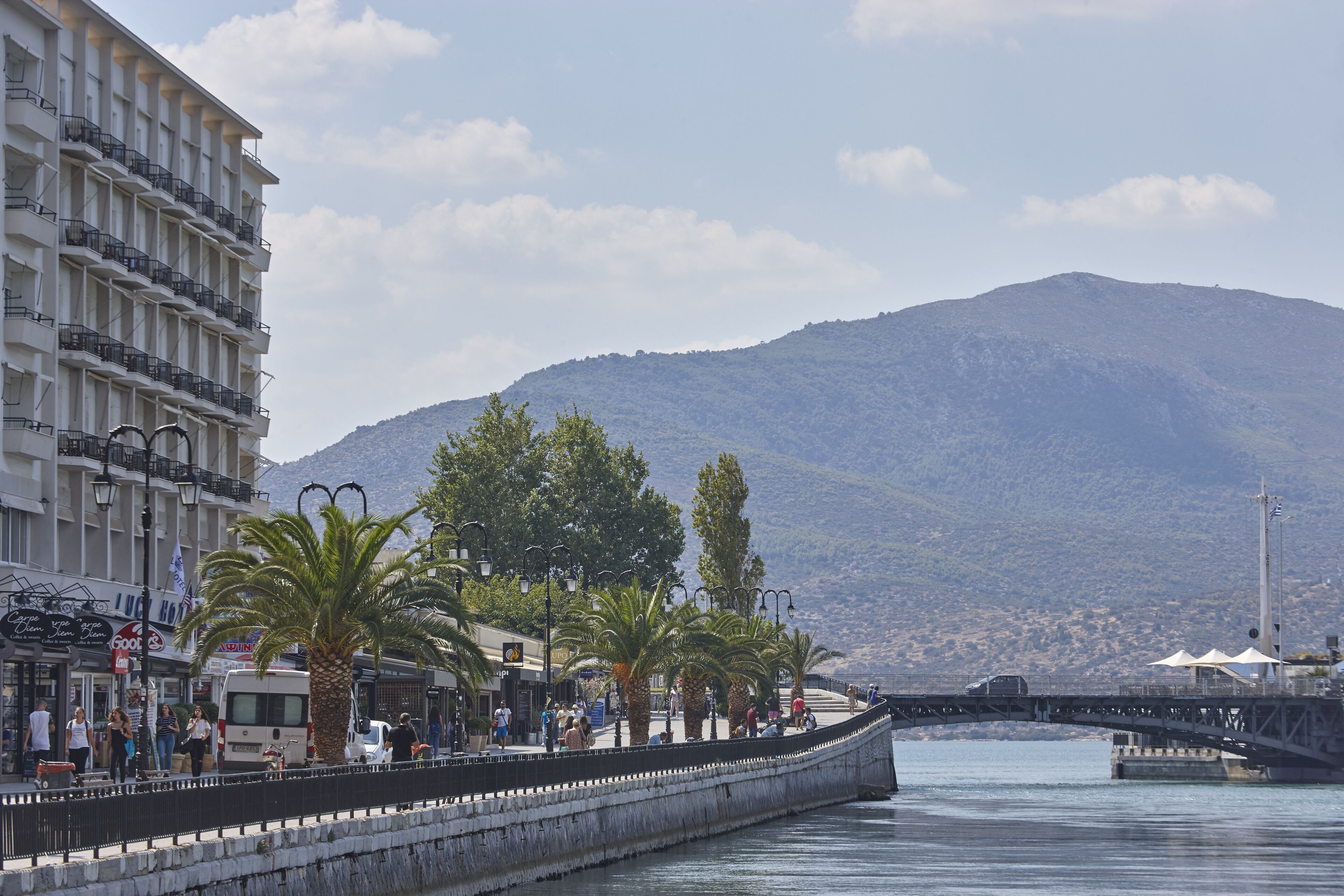 A waterfront promenade with a stone walkway, palm trees, and a mountain in the background.