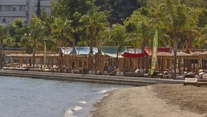 A beachside area with multiple beach huts and umbrellas, a sandy beach, and a calm sea. - Lucy Hotel (Chalcis)