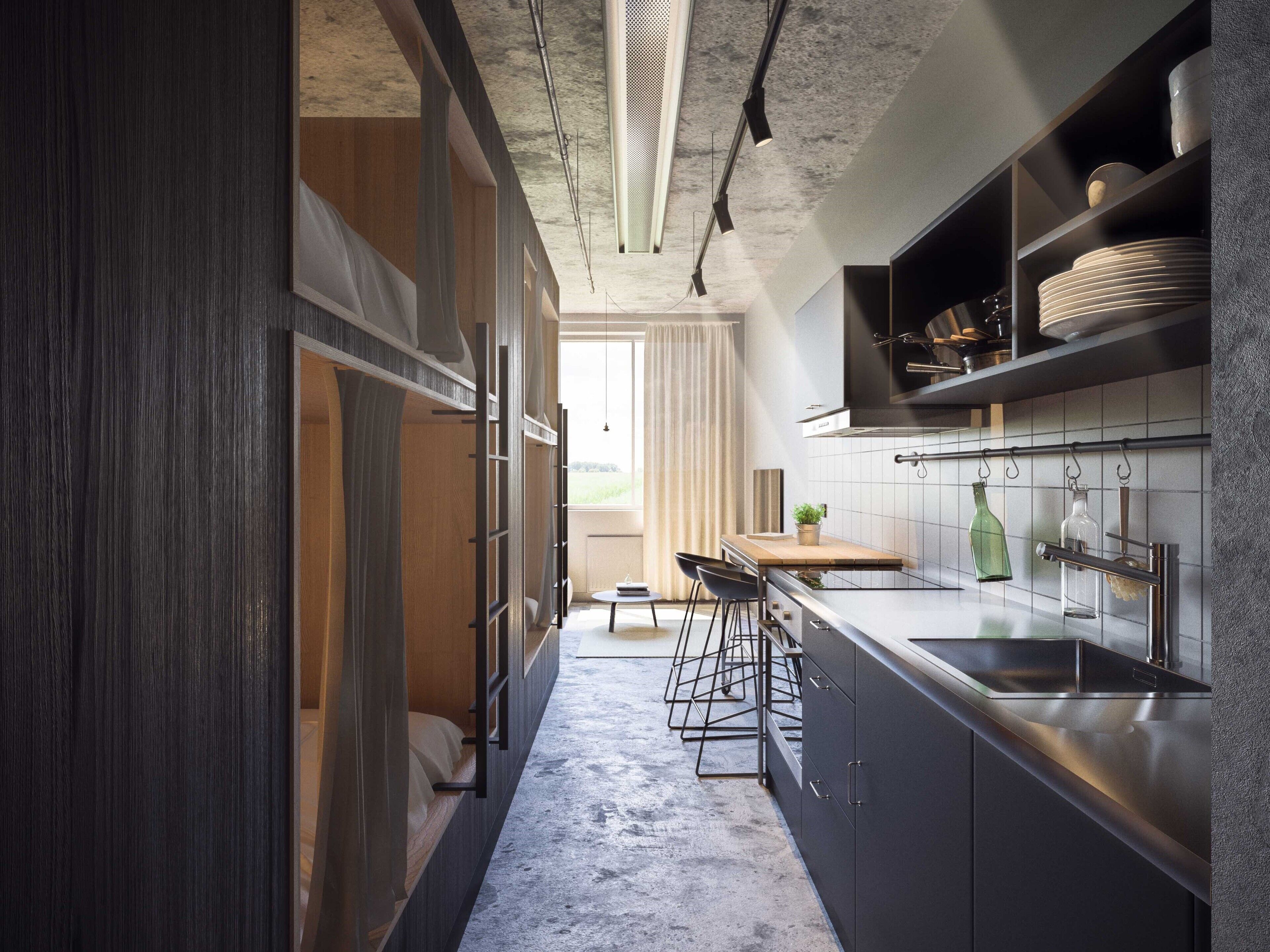 family studio apartment medium | hypo-allergenic bedding, desk, blackout curtains, soundproofing