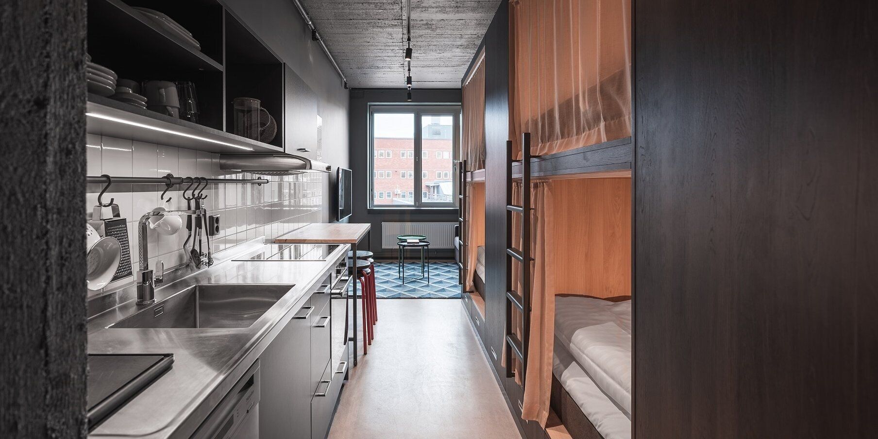 hypo-allergenic bedding, desk, blackout curtains, soundproofing