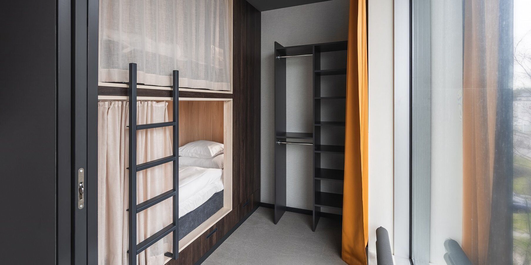 hypo-allergenic bedding, desk, blackout curtains, soundproofing