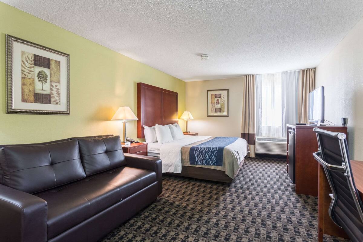 A hotel room with a bed, a sofa, a desk, and a television.