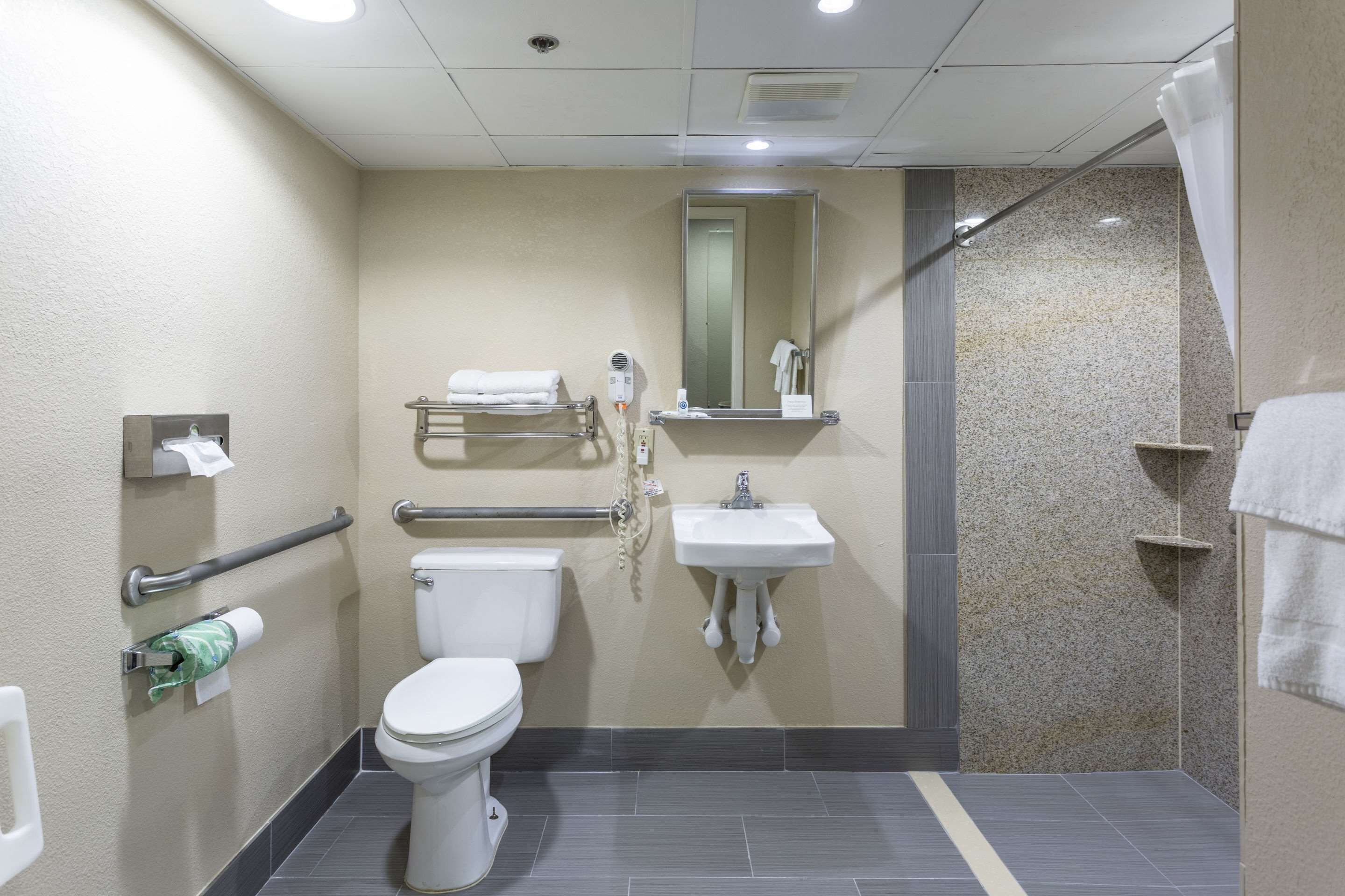 combined shower/bathtub, free toiletries, hair dryer, towels