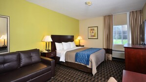 A hotel room with a bed, a sofa, a desk, and a television.