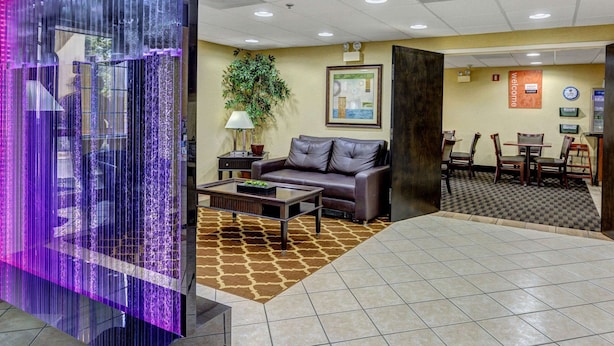 A lobby with a reception desk, a sofa, a coffee table, and a checkered carpet.