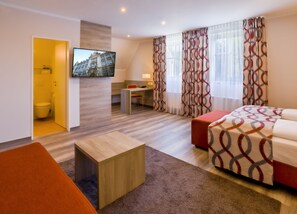 Shower, free toiletries, hair dryer, towels