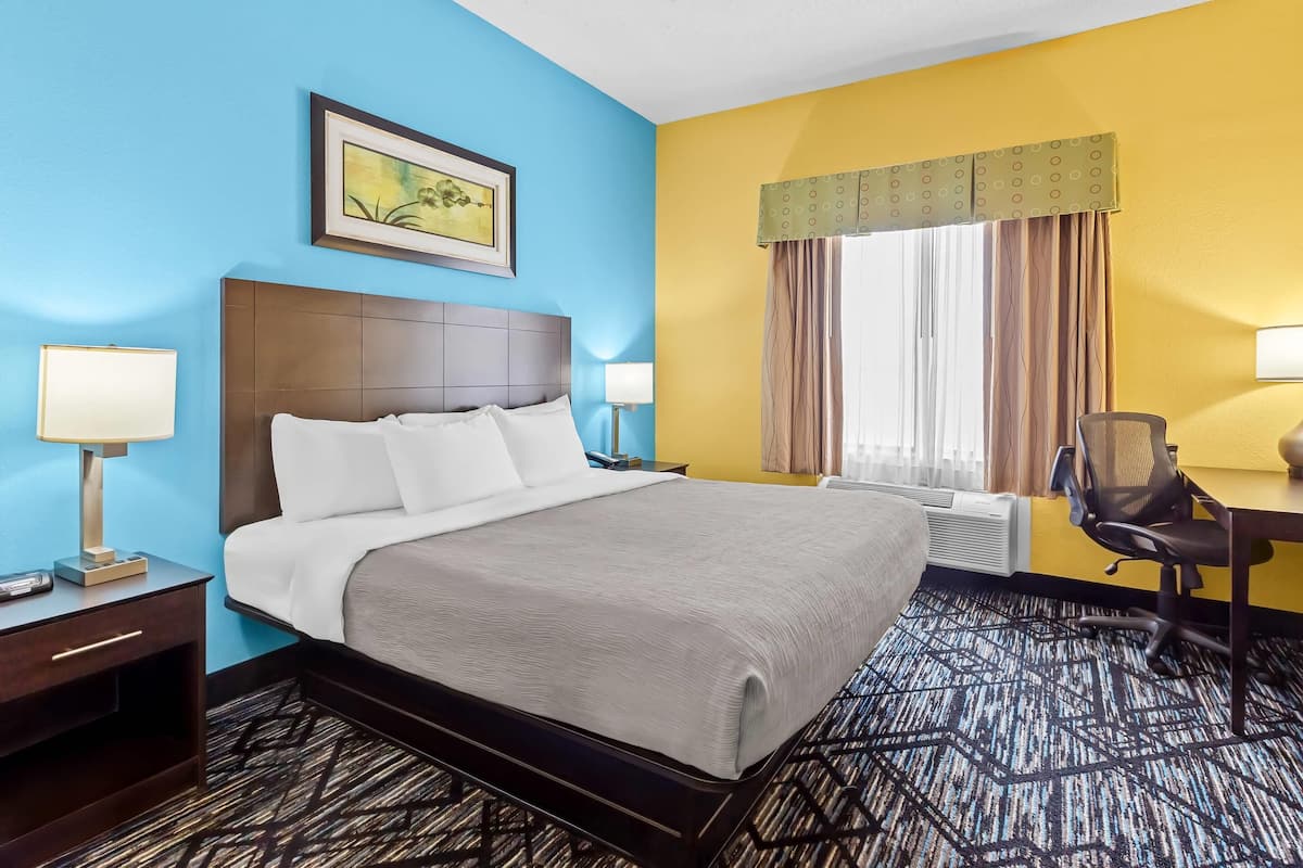Suite, 1 King Bed, Non Smoking | Desk, laptop workspace, blackout drapes, iron/ironing board
