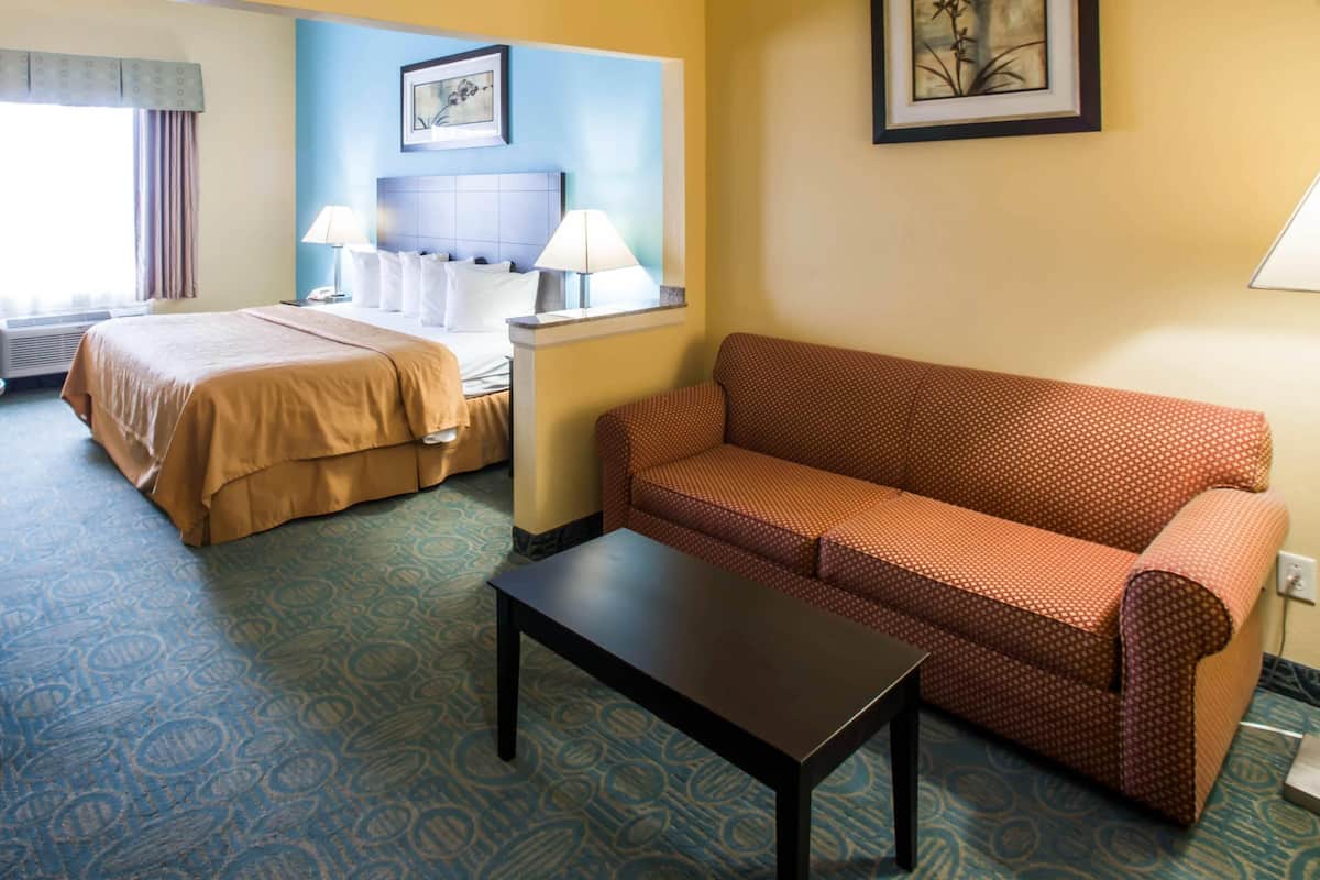 Suite, 1 King Bed, Non Smoking | Desk, laptop workspace, blackout drapes, iron/ironing board