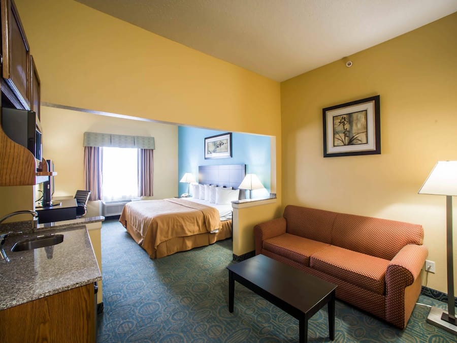 Una habitación de hotel con cama, sofá, escritorio con lámpara y un cuadro en la pared.