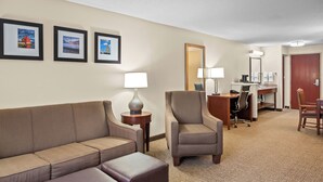 Habitación de hotel con sofá, sillón, escritorio y espejo.