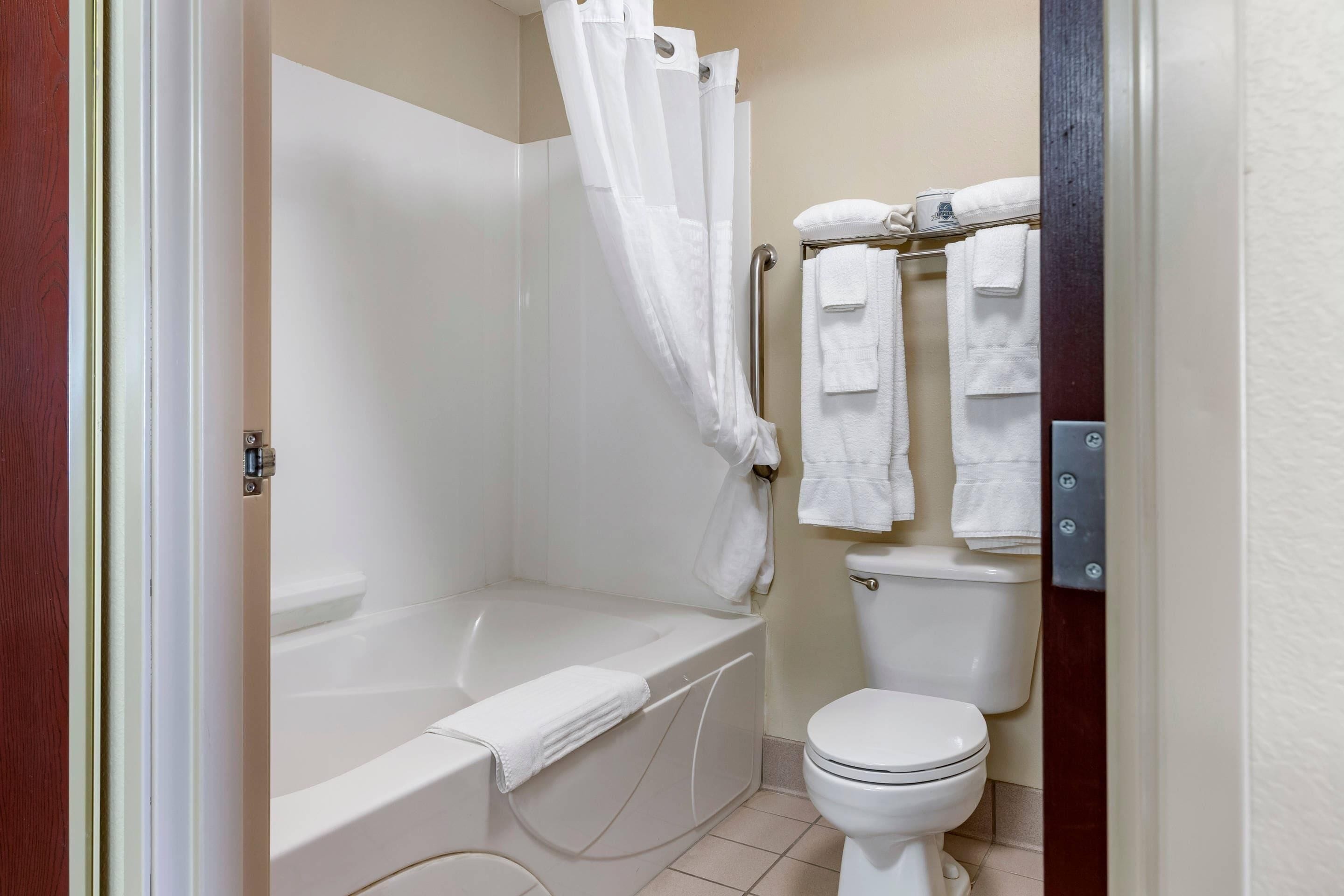 A bathroom with a bathtub, toilet, and a shower curtain.