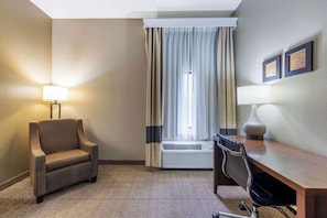 Premium bedding, desk, blackout drapes, iron/ironing board