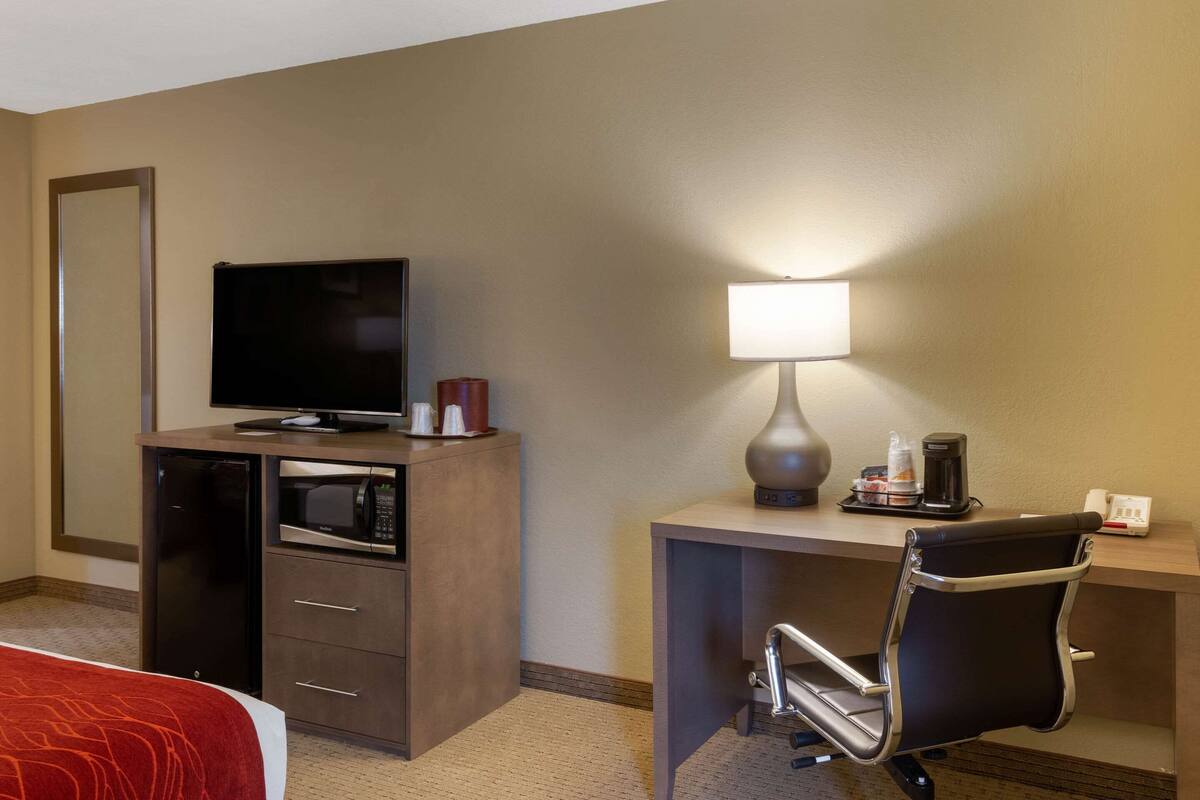 Una habitación de hotel con cama, escritorio con lámpara, televisión, microondas y cafetera.