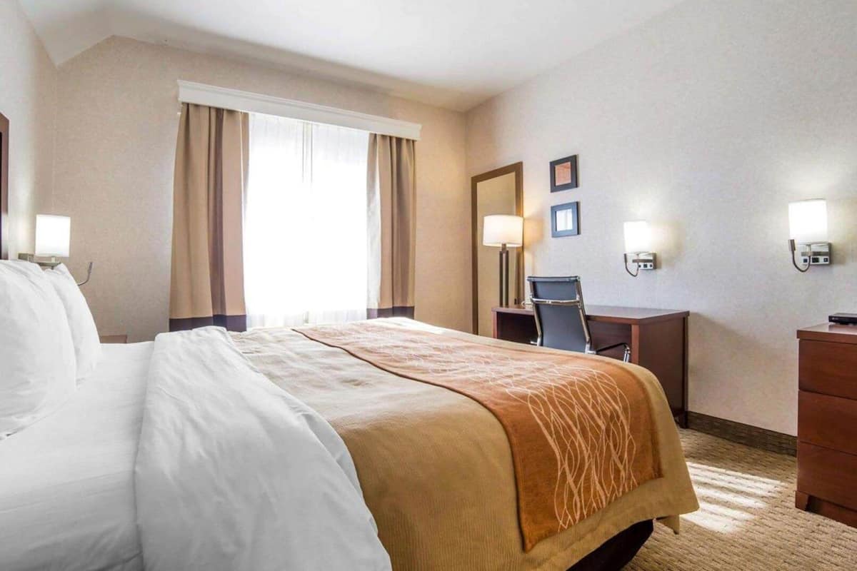 Une chambre d’hôtel comprenant un lit, un bureau, une chaise, une lampe et un miroir.