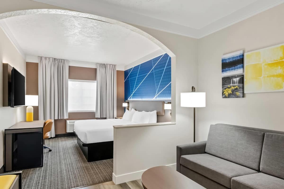 A hotel room with a bed, a desk, a sofa, and a TV.