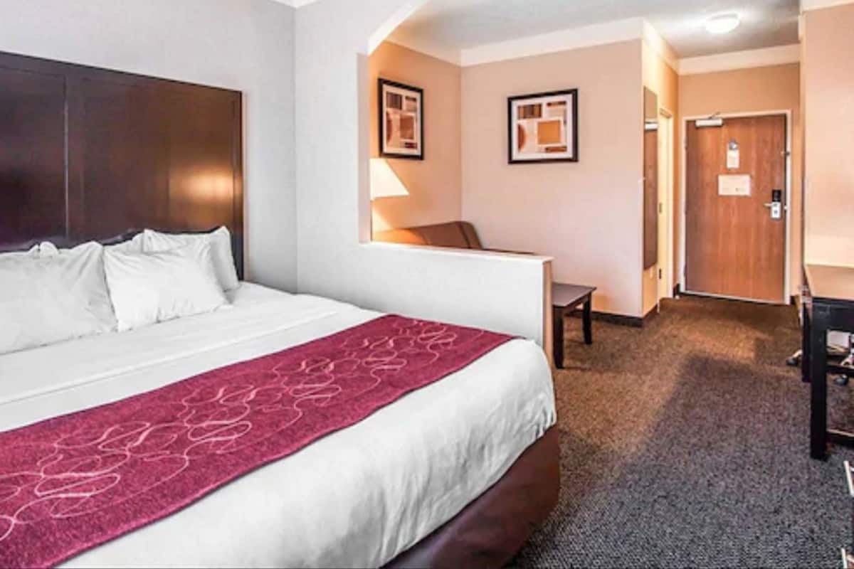 A hotel room with a bed, a desk, a chair, and a door.
