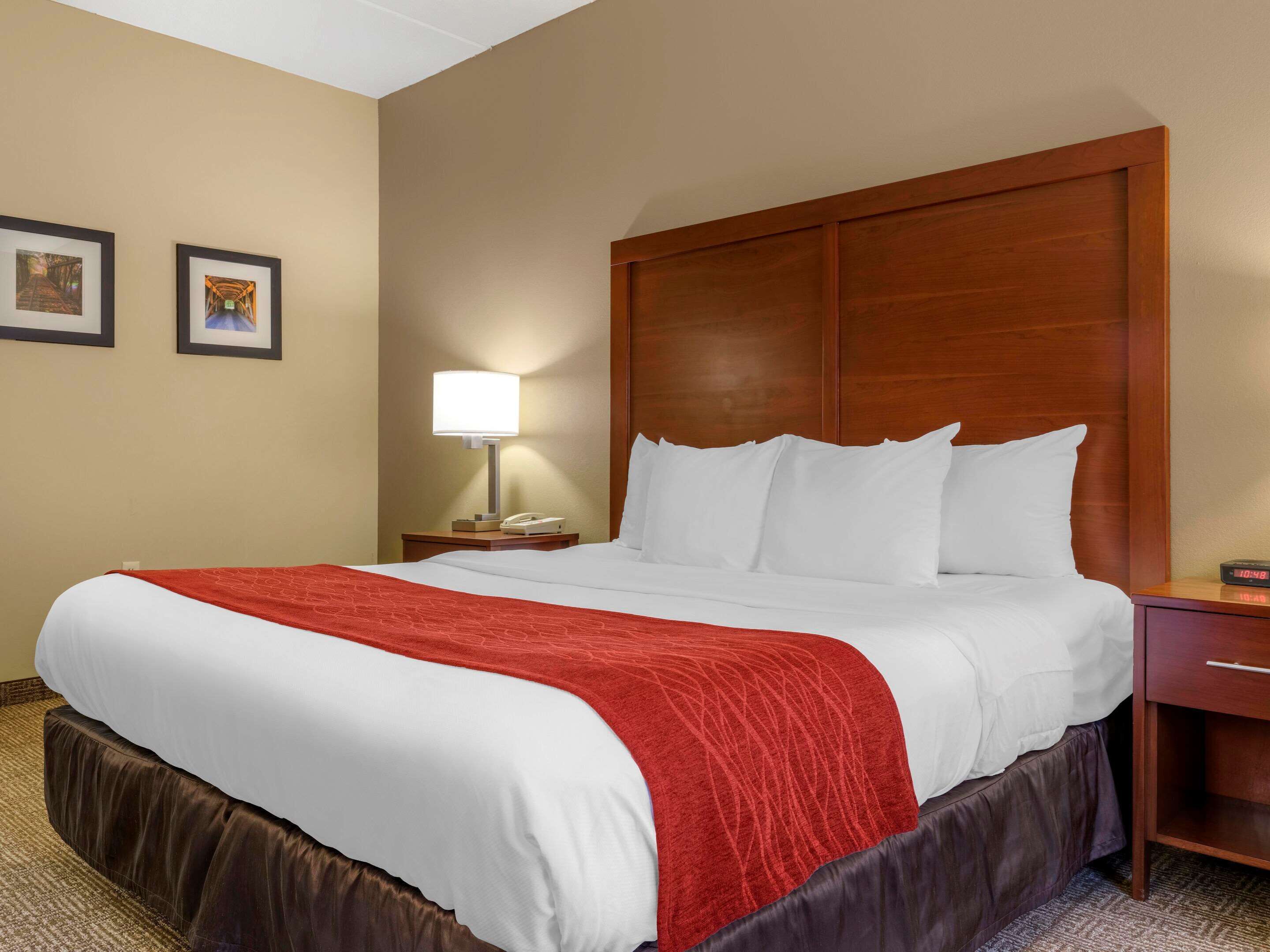 A hotel room with a large bed, a wooden headboard, a nightstand with a lamp, and two framed pictures on the wall.