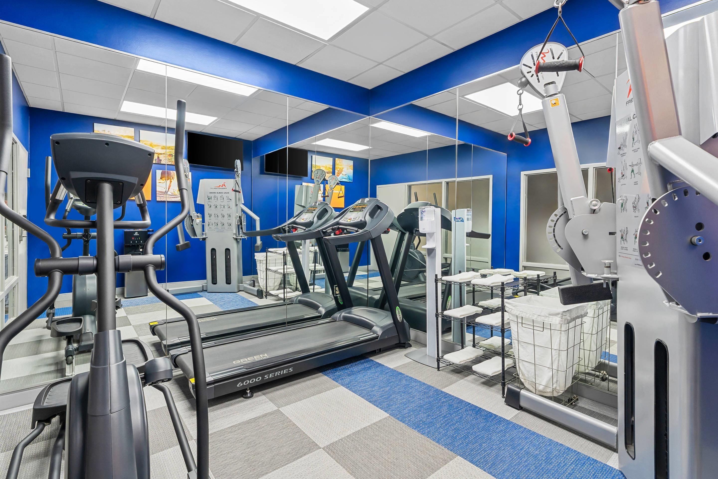 A gym with treadmills, exercise equipment, and a mirrored wall.