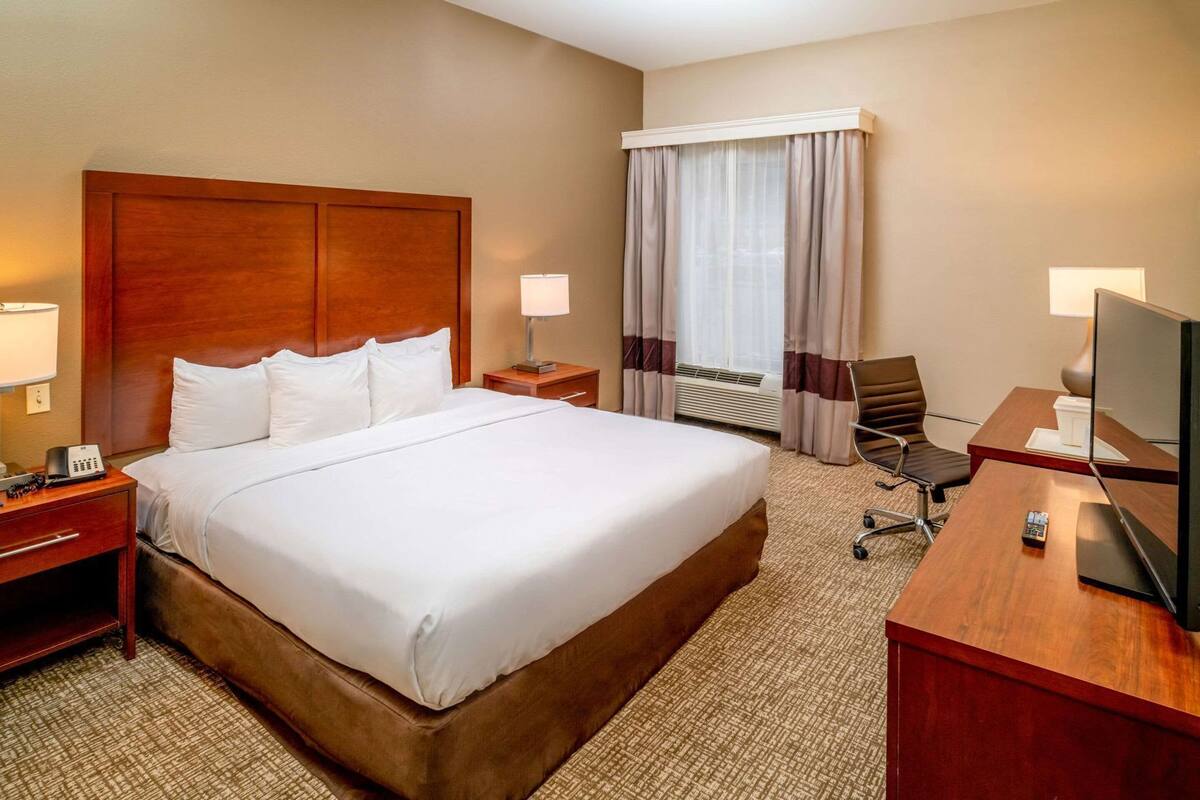 A hotel room with a large bed, a desk with a TV, a chair, a bedside table with a lamp, and a window with curtains.
