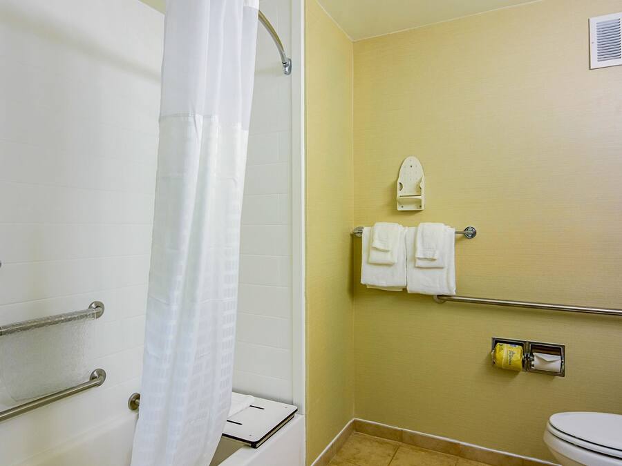 Une salle de bain équipée d’une douche, de toilettes et d’un porte-serviettes.