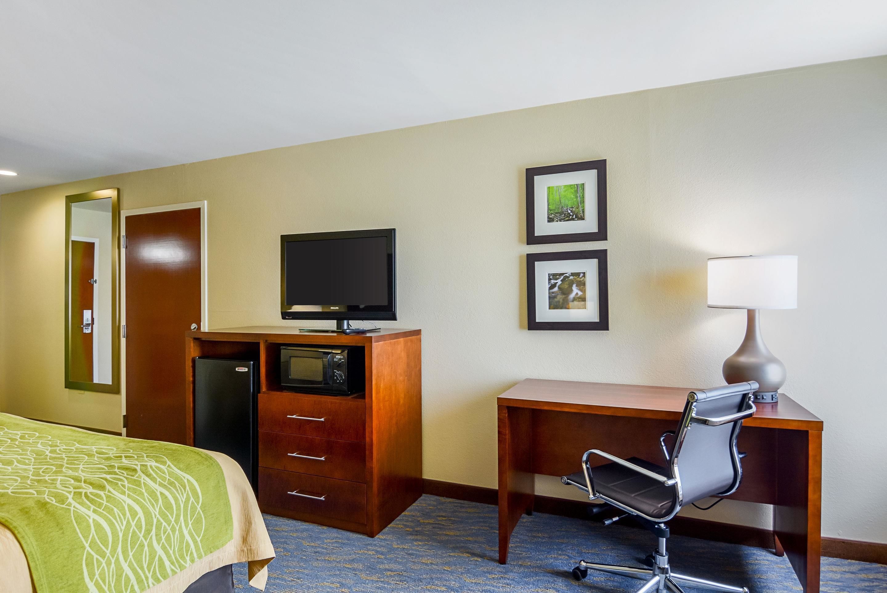 Habitación de hotel con cama, escritorio, televisor, refrigerador y lámpara.