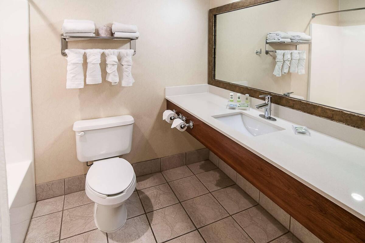 A bathroom with a toilet, a sink, a mirror, and towels on a shelf.