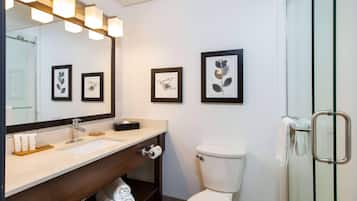 Un baño moderno con un espejo grande, un lavabo, un inodoro y obras de arte enmarcadas en la pared.