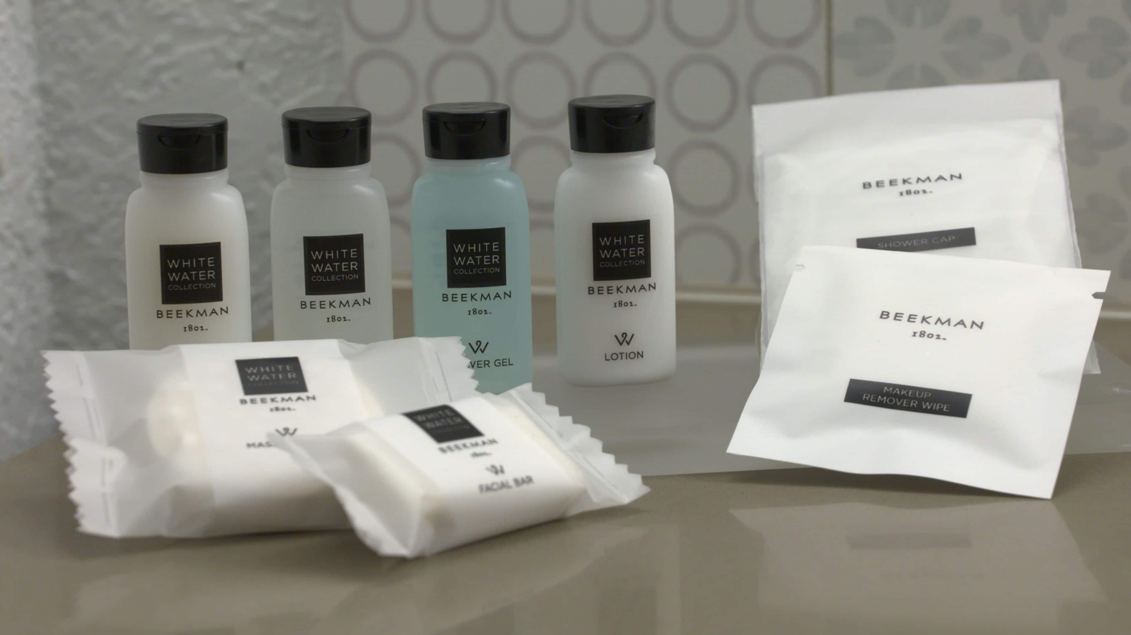 eco-friendly toiletries, hair dryer, towels