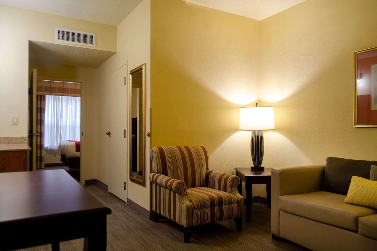 A hotel room with a striped armchair, a sofa, a lamp, and a bed with a curtain.