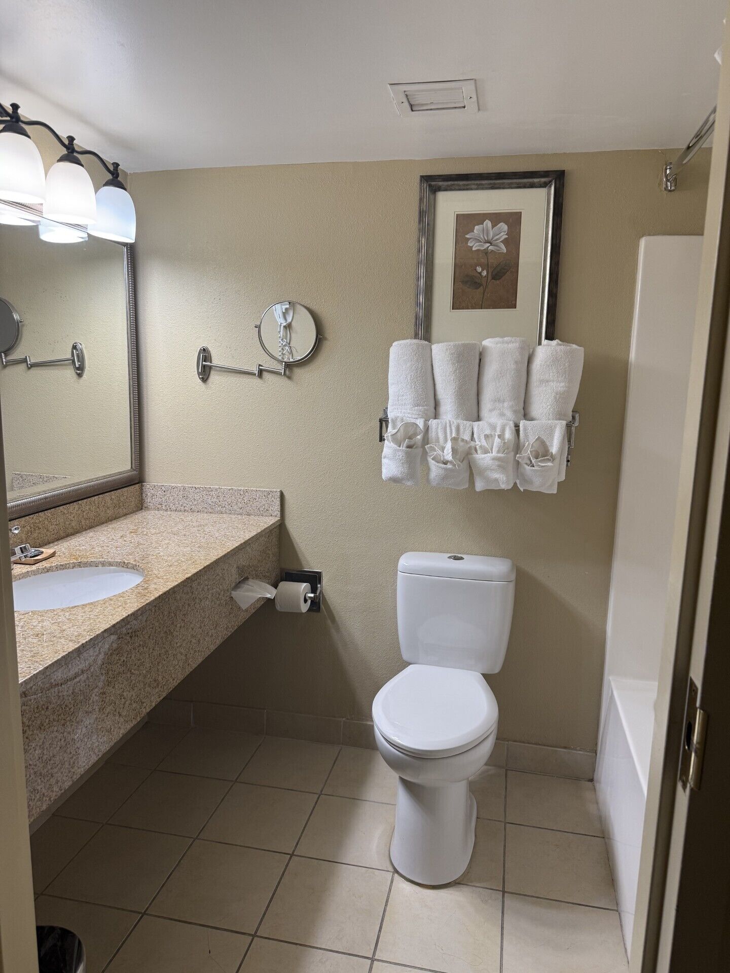 eco-friendly toiletries, hair dryer, towels