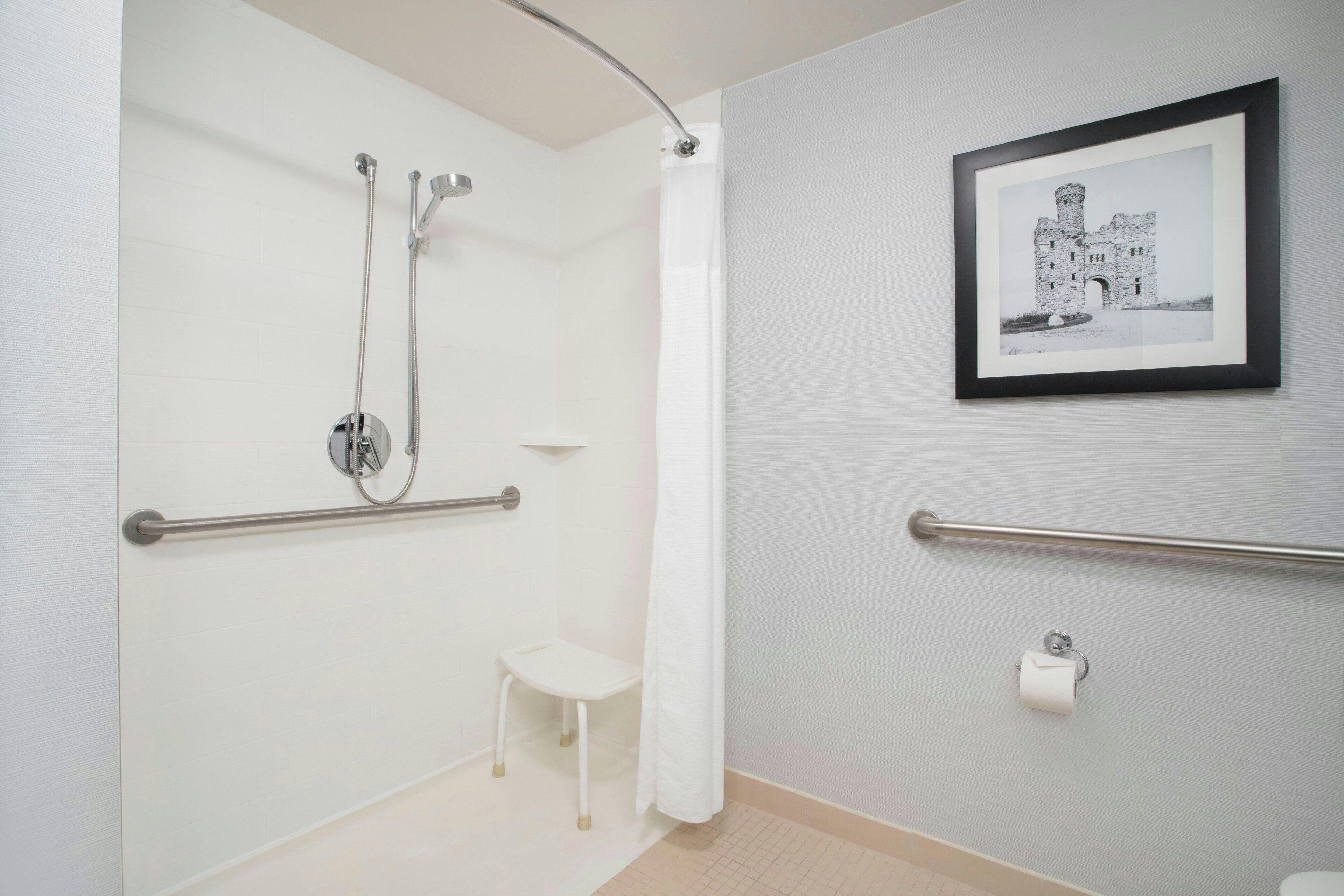 Un baño con ducha, inodoro, barra de apoyo, una pequeña silla blanca y un cuadro en la pared.