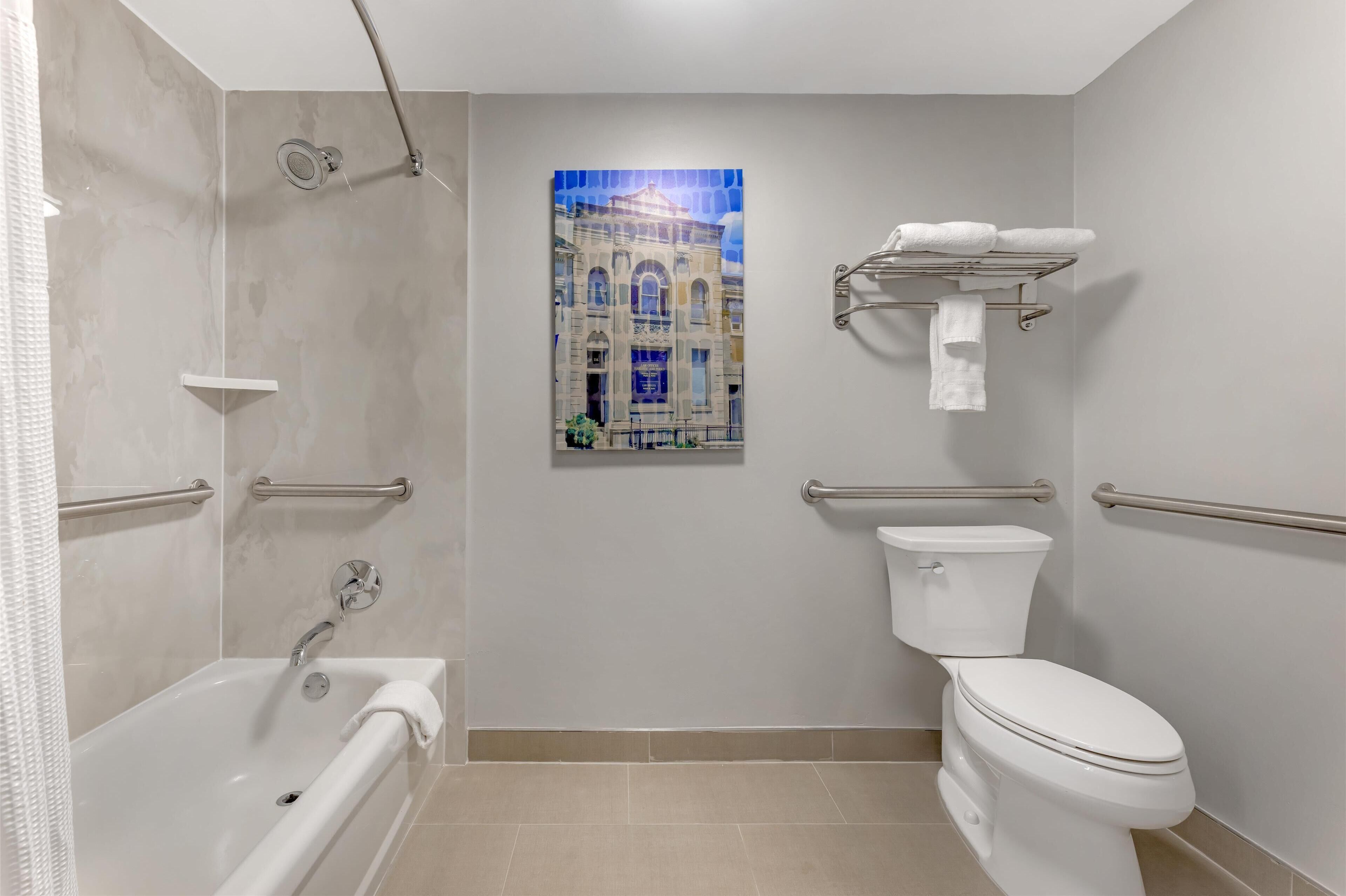 A modern bathroom with a bathtub, shower, toilet, and a handrail.