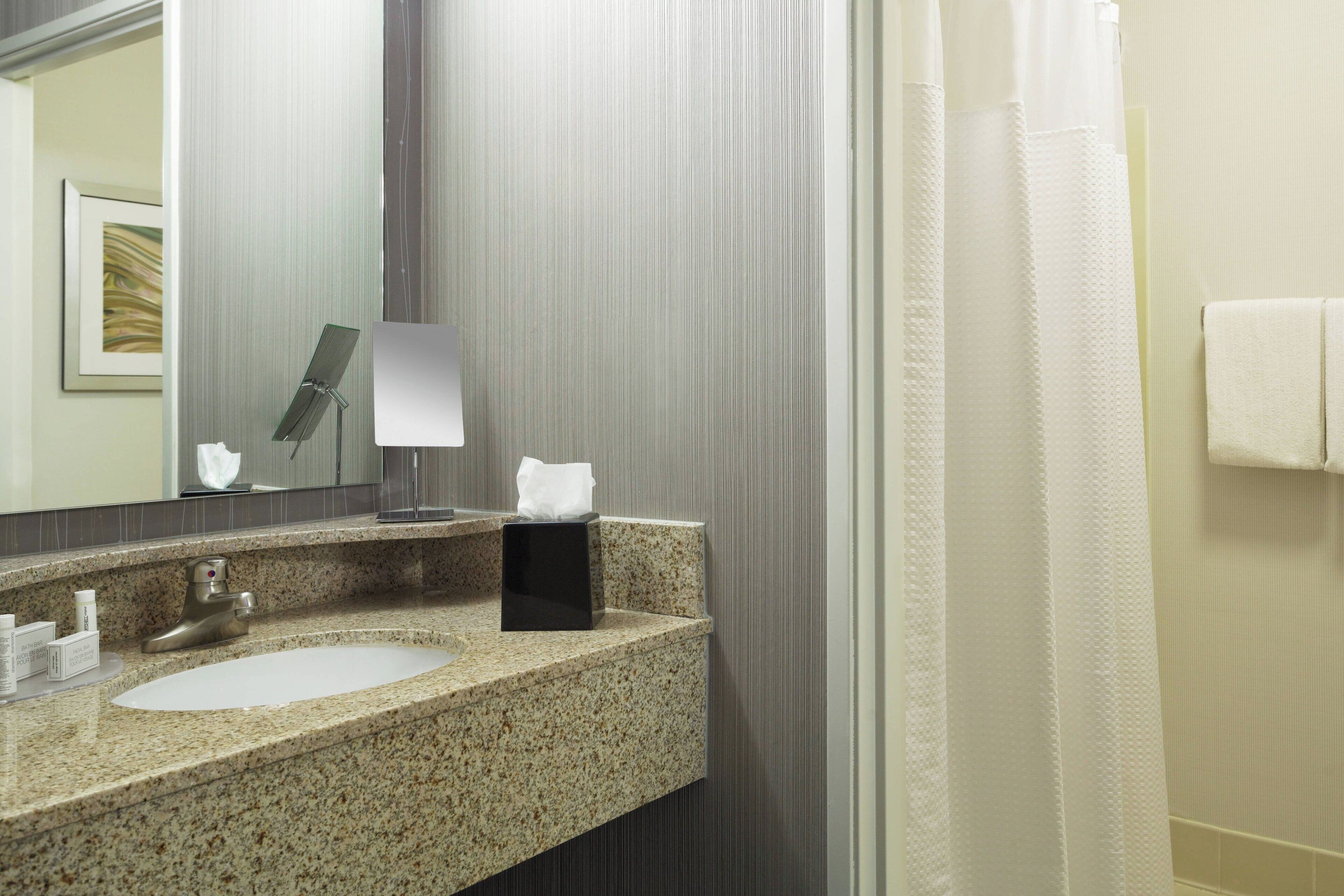 combined shower/bathtub, free toiletries, hair dryer, towels