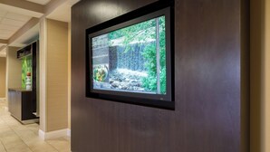 Un pasillo con una gran pantalla digital que muestra una escena de cascada.