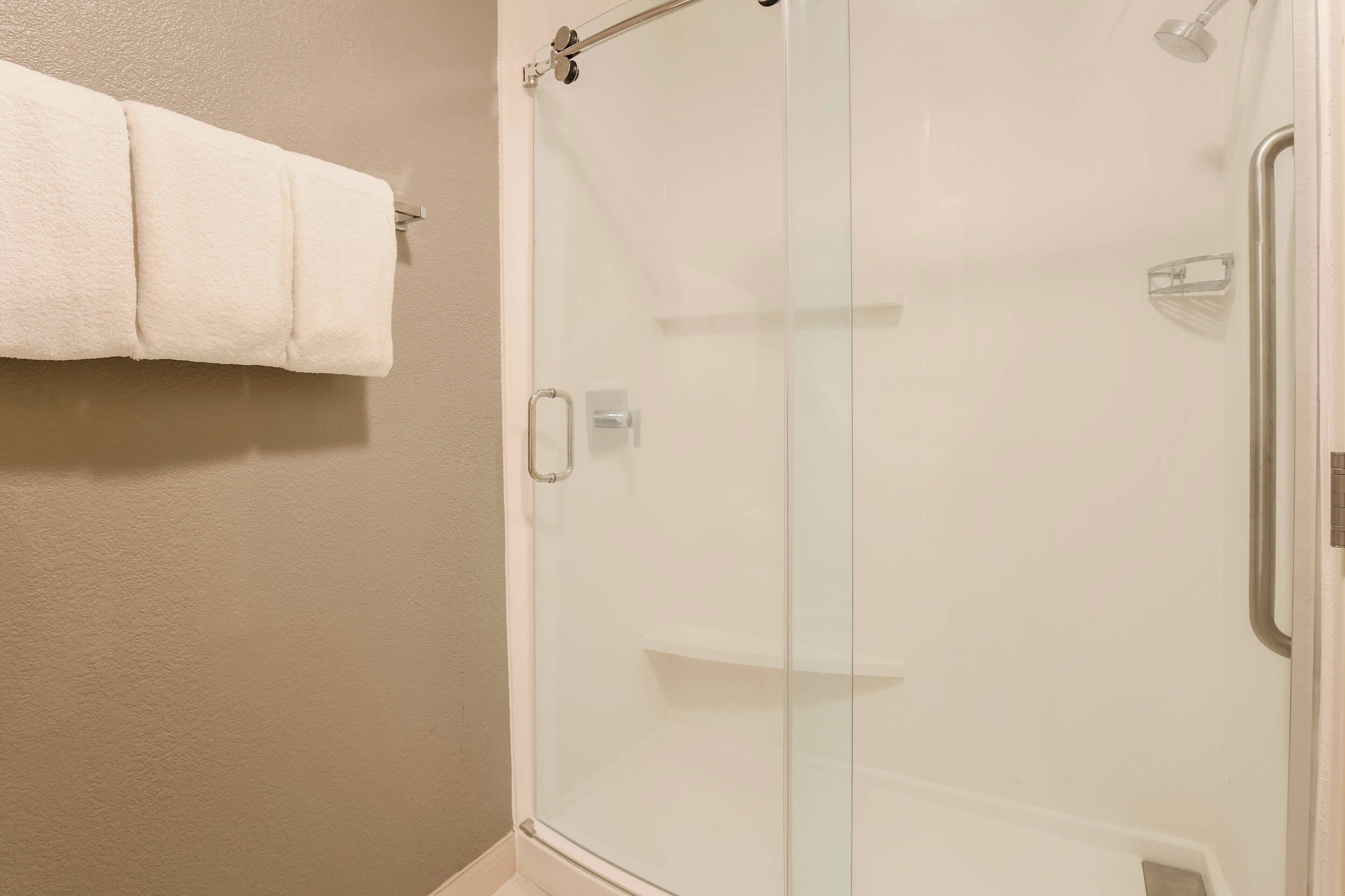 A glass-enclosed shower with a towel rack on the wall.