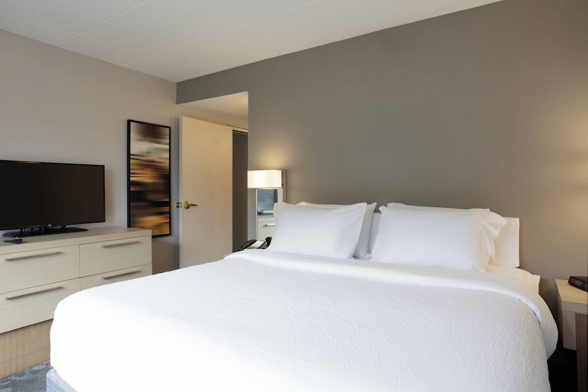 Una camera d'albergo moderna con un letto grande, una televisione a schermo piatto, un comodino con una lampada e un quadro appeso al muro.