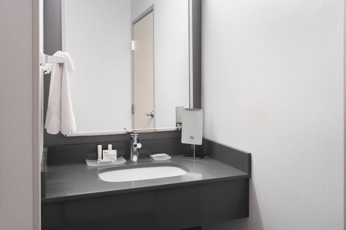 combined shower/bathtub, free toiletries, hair dryer, towels