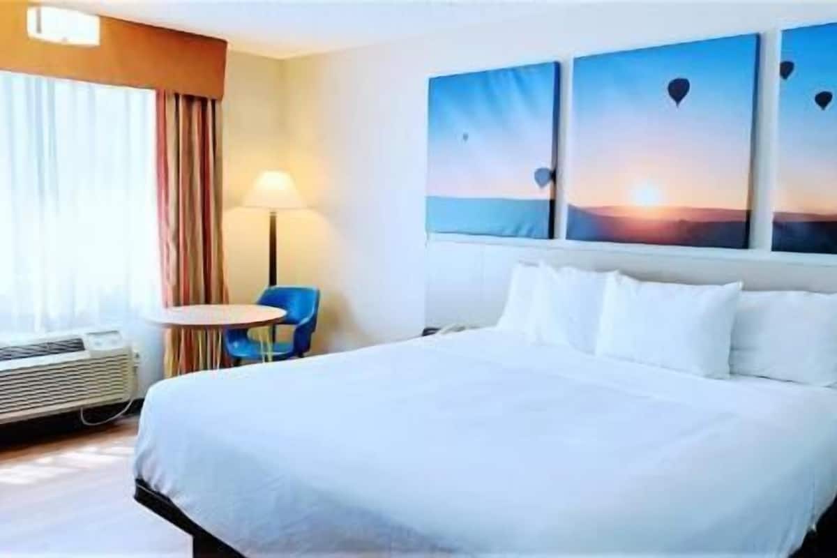 A hotel room with a bed, a chair, a table, and a wall with paintings.