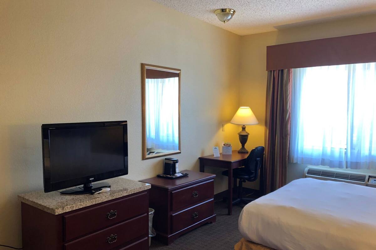A hotel room with a television, a desk with a lamp, a chair, and a bed.