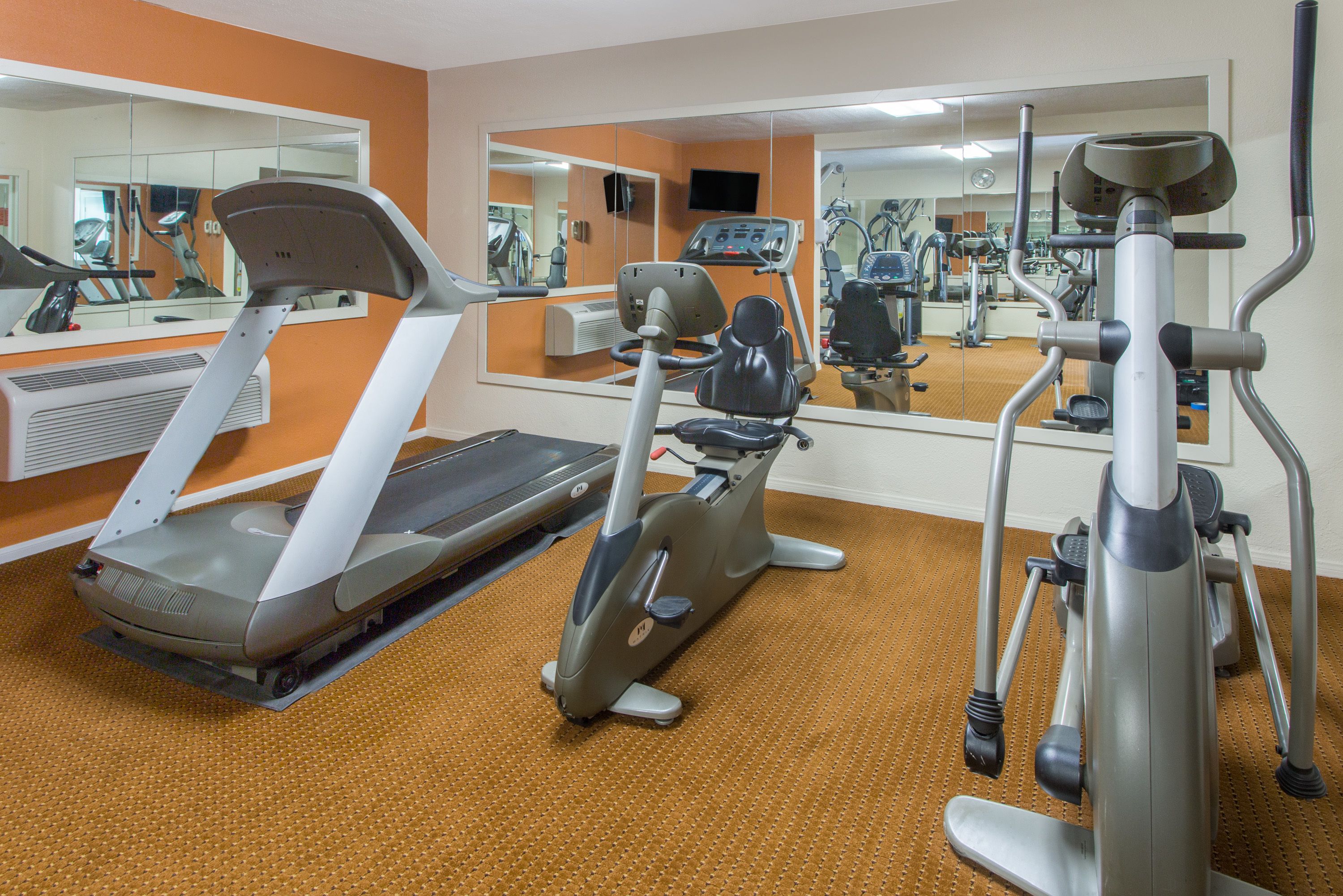 Ein Fitnessraum mit Laufband, Crosstrainer und stationärem Fahrrad, inklusive Spiegeln und Trainingsgeräten.