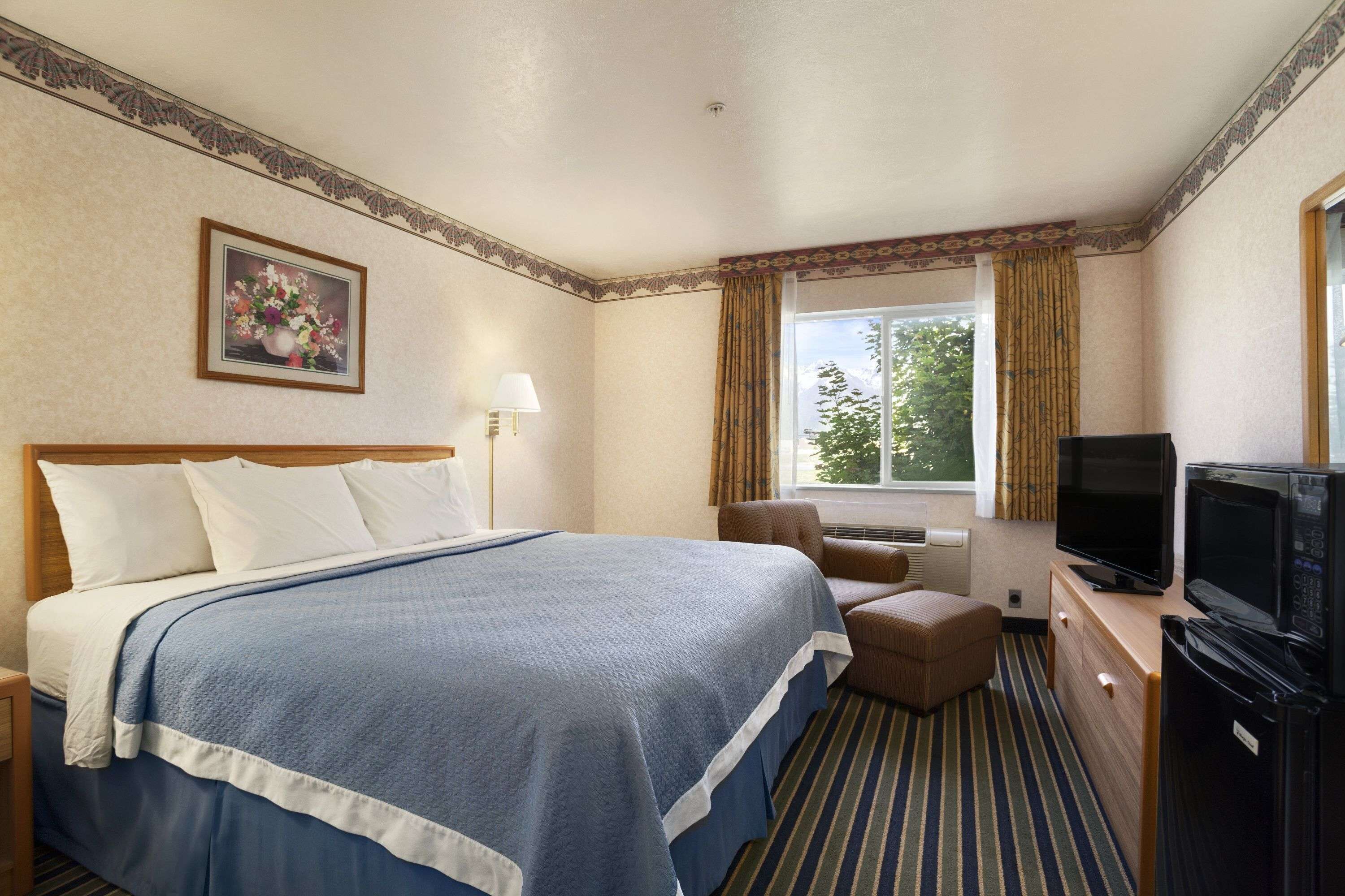 Una habitación de hotel con cama, televisión, escritorio y ventana con cortinas.