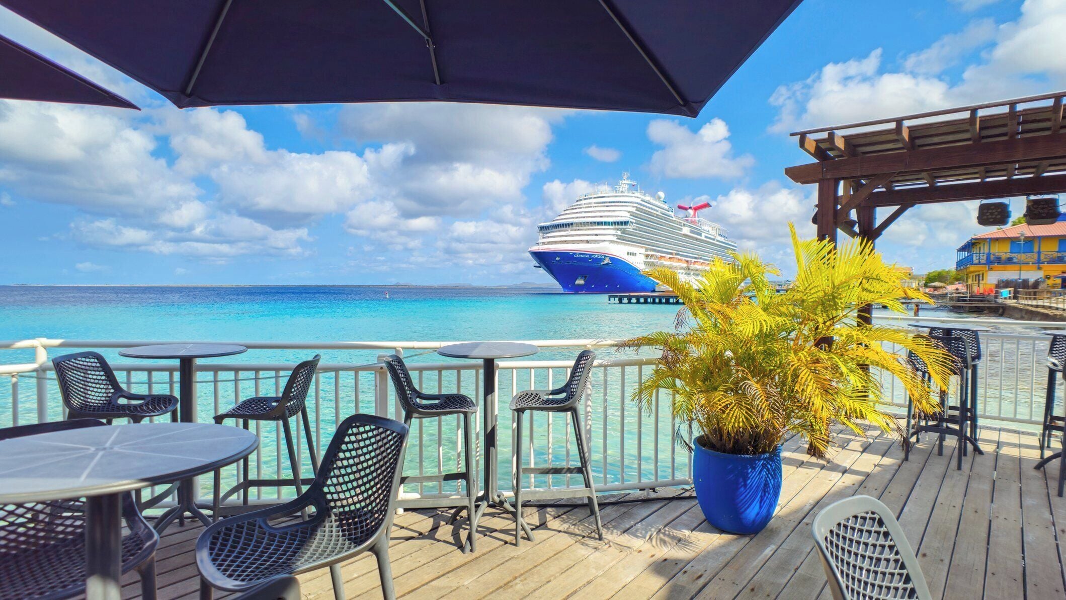 A deck with outdoor seating, a large potted plant, and a cruise ship in the background.