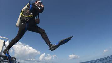 A diver in a wetsuit and fins, preparing to jump into the water.