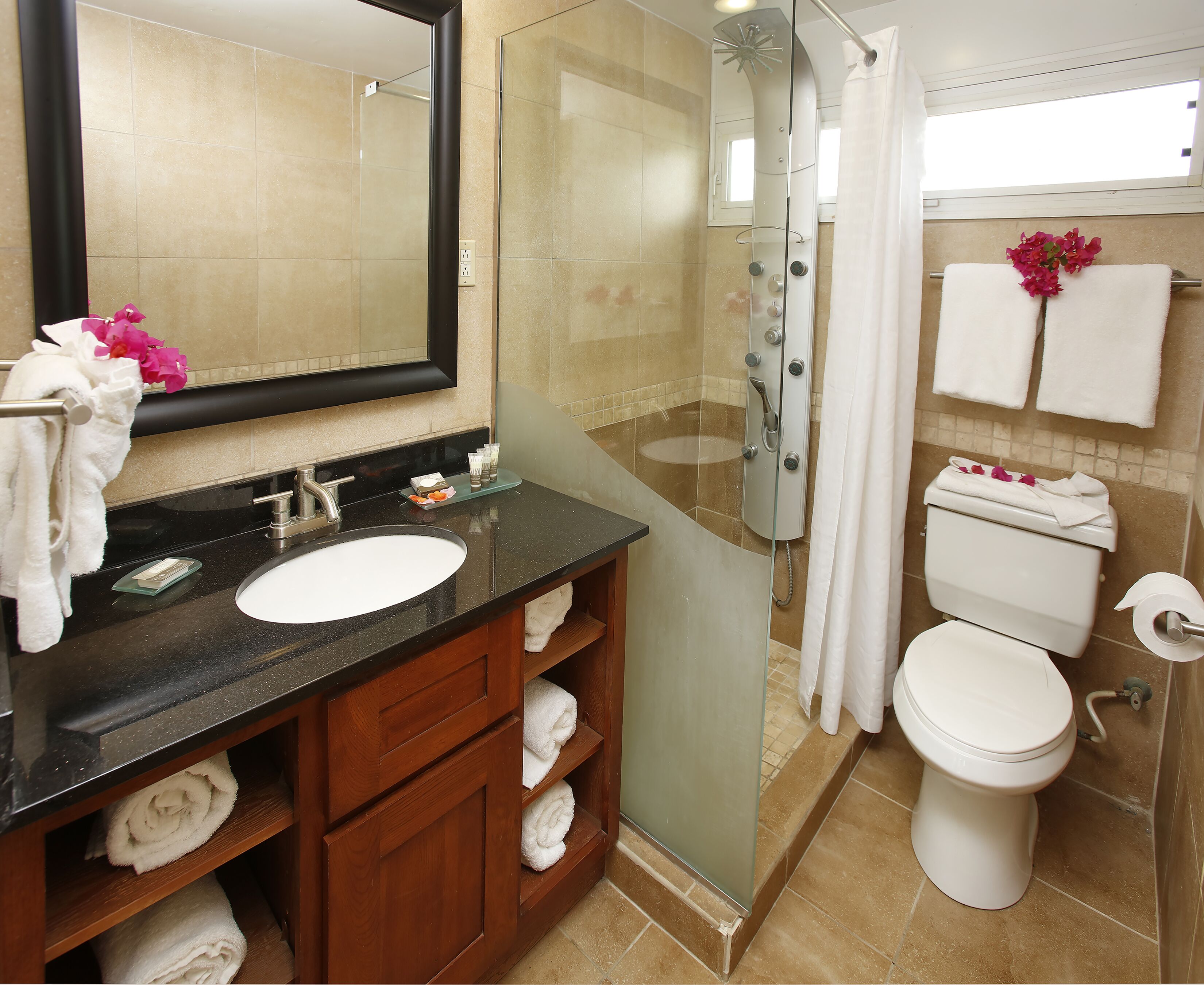 studio suite | bathroom | shower, free toiletries, towels