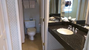 A bathroom with a toilet, sink, and mirror.