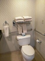 A bathroom with a toilet, a towel rack with folded towels, and a toilet paper holder.