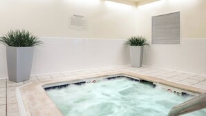 A spa area with a hot tub, tiled walls, and two potted plants.